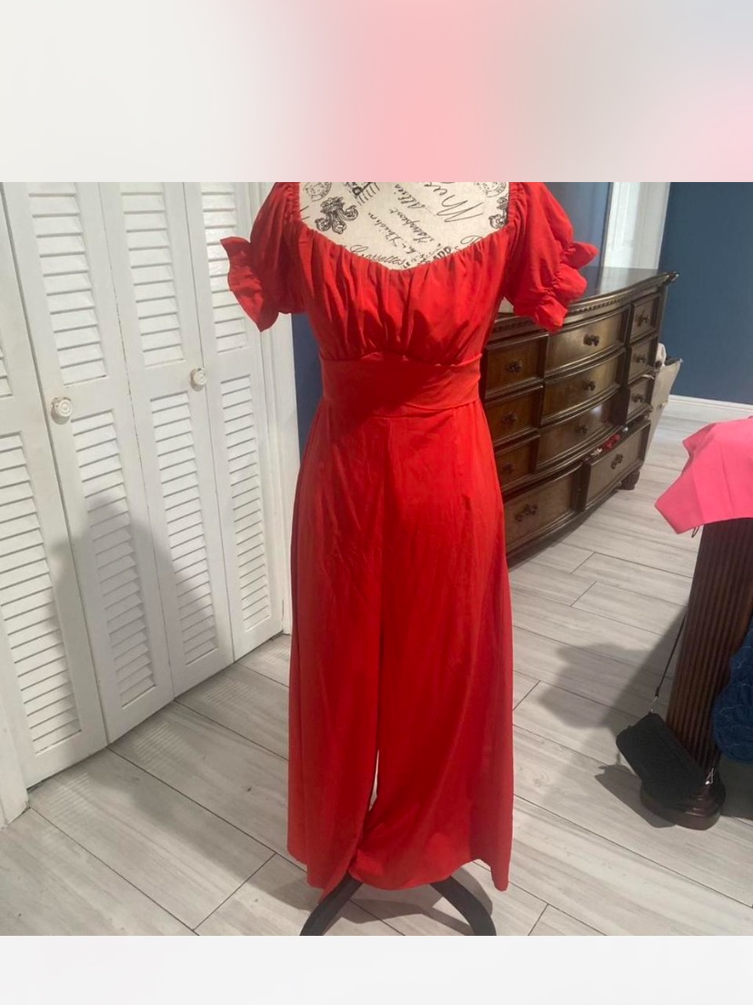 Red Puff-Sleeve Wide-Leg Jumpsuit